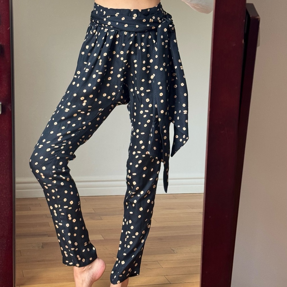 Isabel Marant 100% silk patterned pants with tie, paper bag waist style, size 1